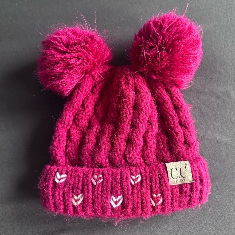 Magenta C.C. KIDS beanie, hand embroidered hearts